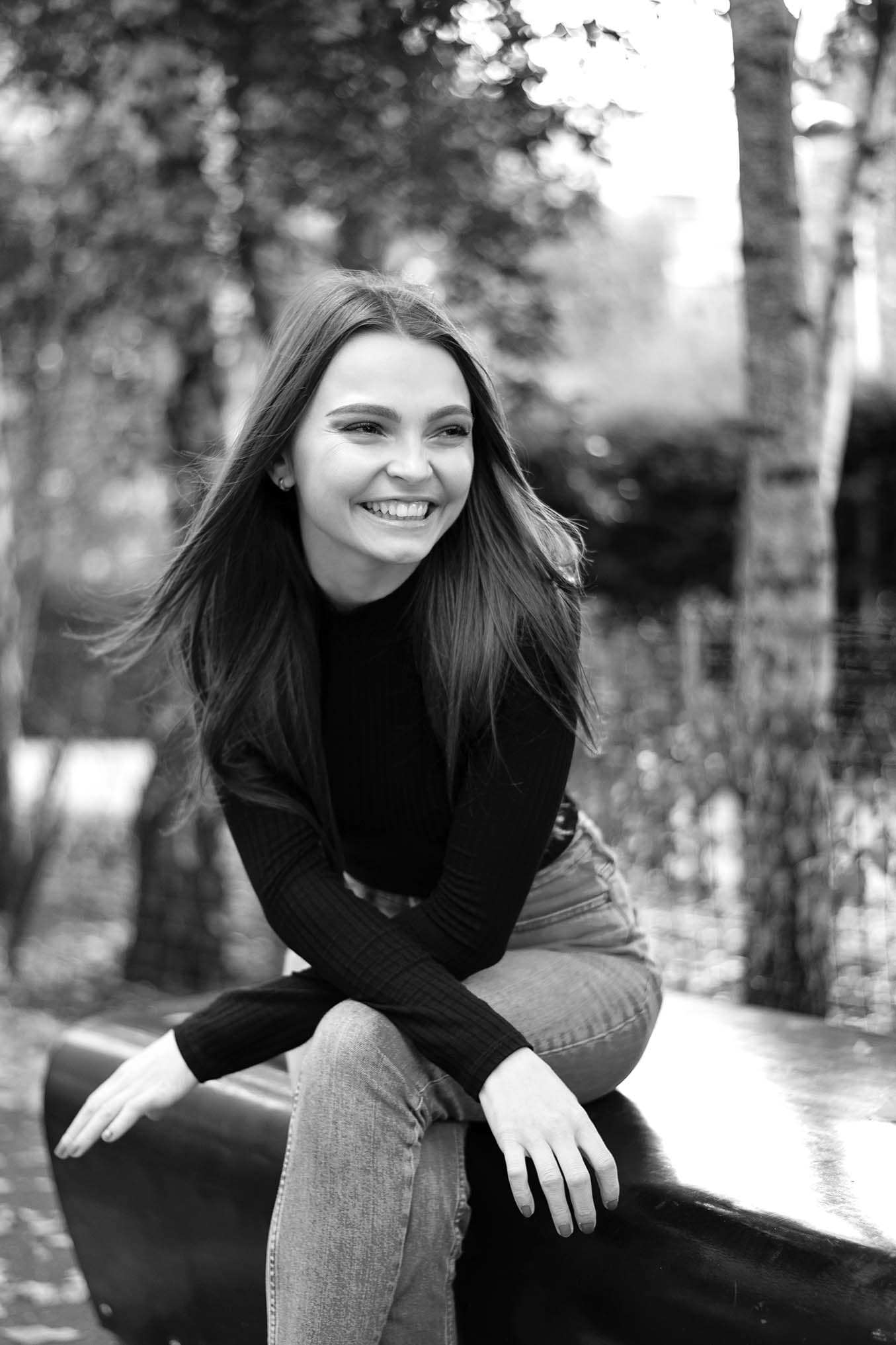 Girl laughing black and white outdoors business headshots candid | Michaela Howe Photography | Michaela Howe Photography