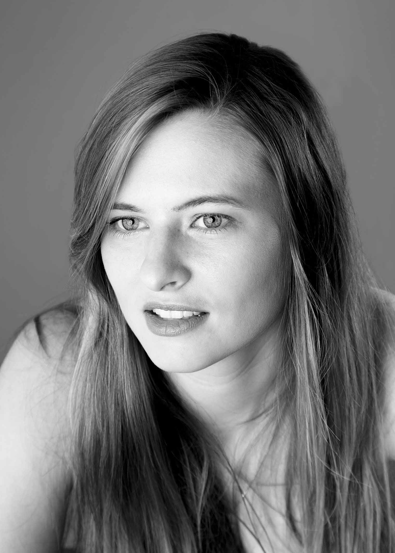 close up headshot studio portrait candid black and white | Michaela Howe Photography