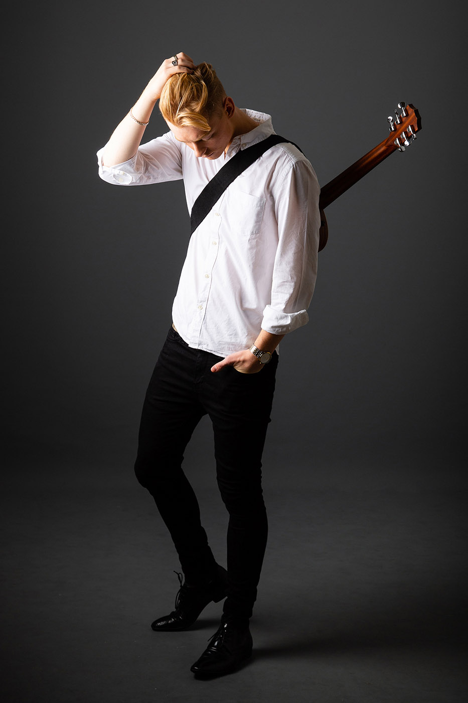 Male Musician Studio Portrait, Guitarist, Grey background | Michaela Howe Photography
